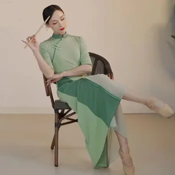 Женское Зеленое Танцевальное Китайское традиционное платье Чонсам с коротким рукавом в винтажном стиле больших размеров, длинное платье Ципао