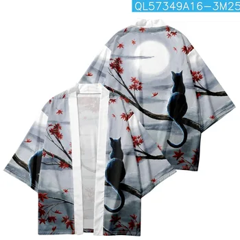 Винтажный кардиган с принтом Кота из мультфильма, Пляжная Юката, Японское кимоно, Уличная одежда Для мужчин, женщин, халат Хаори, одежда