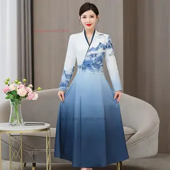 2024 китайское традиционное платье с национальным цветочным принтом ципао улучшенное вечернее платье для банкета в восточном градиентном цвете cheongsam