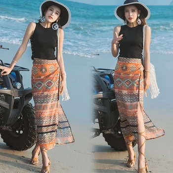 2024 повседневная пляжная юбка в тайском стиле, этнический стиль, ретро-стиль для путешествий, длинная юбка, цельная юбка с высокой талией и разрезом в виде цветка