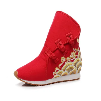 Женская обувь в древнем китайском стиле Чонсам С вышивкой, короткие сапоги на танкетке, увеличивающие рост, Весенне-осенняя и зимняя обувь