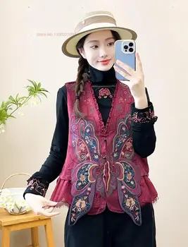 2024 женские этнические топы hanfu, атласный жаккардовый винтажный жилет, ретро-куртка без рукавов, костюм тан, жилет с национальной цветочной вышивкой.