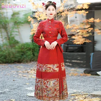 Комплект из двух предметов, женская одежда Hanfu с вышивкой, юбка в виде лошадиной морды, воротник-стойка, красная рубашка с длинными рукавами, костюмы Древнего китайского костюма