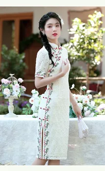 Белые Кружевные Китайские Винтажные Элегантные Женские Традиционные платья Cheongsam