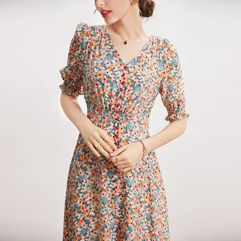 Высококачественное женское платье из 100% шелка в повседневном стиле с цветочным рисунком, короткий рукав, V-образный вырез, однобортные платья, Новая мода