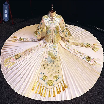 Классическое Благородное Платье Невесты с Кисточкой Цвета Шампанского И Павлиньей Вышивкой Cheongsam в стиле Ретро Для Банкета, Стильное Элегантное Платье Невесты китайская одежда