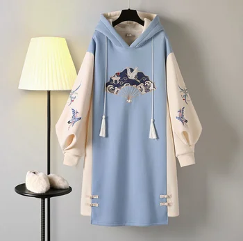 Женские зимние толстовки с капюшоном в китайском стиле, платье-толстовка с длинным рукавом и вышивкой, осенние платья больших размеров 4XL