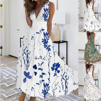 Женское летнее модное длинное платье с винтажным цветочным принтом, винтажное вечернее платье