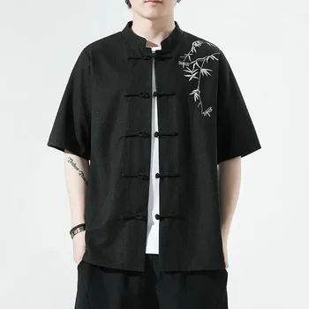 3 цвета, Традиционная китайская хлопковая льняная рубашка с короткими рукавами и вышивкой, мужская рубашка с воротником-стойкой и пряжкой в стиле Тан, топ