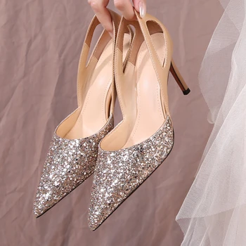 Женские свадебные туфли с блестками, Осенний темперамент, заостренные туфли на высоком каблуке, Легкие нескользящие удобные туфли-лодочки Zapatos De Novia