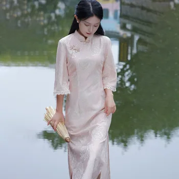 Розовое Бежевое Тонкое платье Чонсам с цветочным узором и рукавом 3/4 в китайском стиле, Элегантные Традиционные вечерние платья Qipao от S до XXL