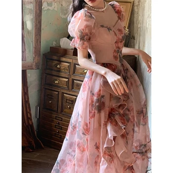 Розовое шифоновое платье трапециевидной формы с принтом розы, Элегантное платье с квадратным воротником во французском стиле, весенне-летнее модное женское платье с коротким рукавом.