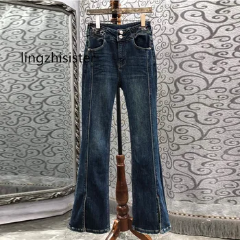 Женские джинсовые брюки 2023 Осенние женские расклешенные джинсы с разрезом в виде бриллиантовой звезды, длинные брюки, Новое поступление