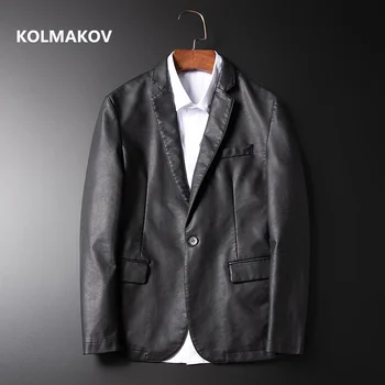 Модный мужской костюм 2024, черный приталенный блейзер, модная куртка из искусственной кожи, мужское деловое повседневное пальто для выпускного вечера в корейском стиле, размер M-5XL