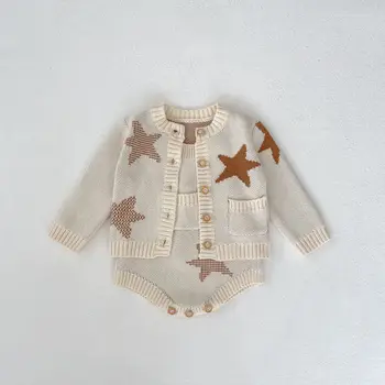 Весна 2024 г. Вязаный кардиган для маленьких девочек Baby Stars Хлопковый свитер Для мальчиков Детские Вязаные Подтяжки Боди Повседневные пальто для младенцев