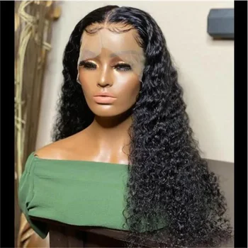 Натуральный черный Мягкий бесклеевой парик длиной 26 дюймов и плотностью 180 градусов с кудрявыми кружевами спереди Для женщин с предварительно выщипанными волосами BabyHair Для ежедневного косплея
