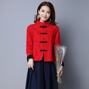 Новогодняя одежда в китайском стиле, женский костюм Hanfu Vintage из хлопка и льна с длинным рукавом, традиционные китайские модные топы, пальто 12073
