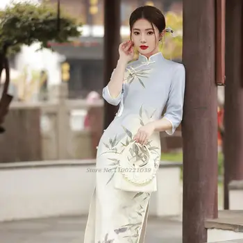 2024 китайское традиционное платье ципао национальный бамбуковый принт замшевый чонсам восточный градиентный цвет банкетное вечернее платье ципао