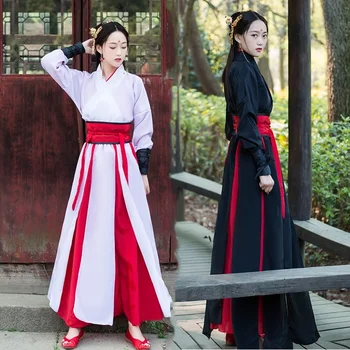 Китайское платье, черный халат Ханфу для боевых искусств, женские платья с вышивкой, народный танец в китайском стиле, косплей-костюм, традиционная одежда