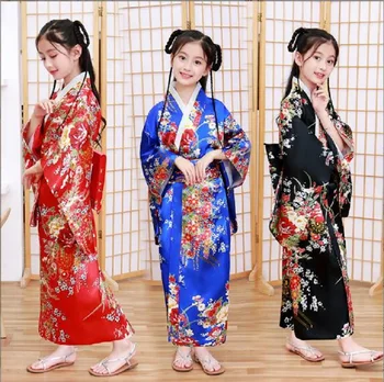 Оптовая продажа, новое детское кимоно в японском стиле, халат с принтом для девочек, атласное платье принцессы, детские праздничные платья для девочек, юбка с бантом