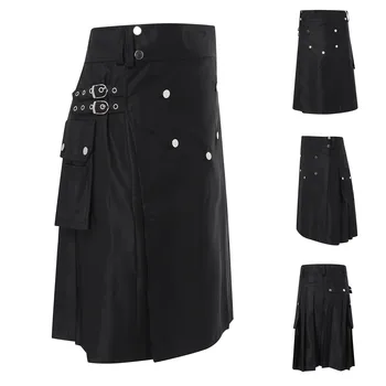 Черная плиссированная юбка, мужская плиссированная юбка, модные крутые карманные килты, Черный готический килт, винтажный килт-карго, спортивные штаны для военных танцев,