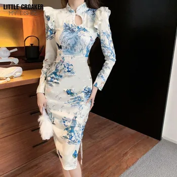 Высококачественное платье Vestido Qipao Chiness в китайском стиле в стиле ретро с длинным рукавом, улучшенный летний винтажный Чонсам