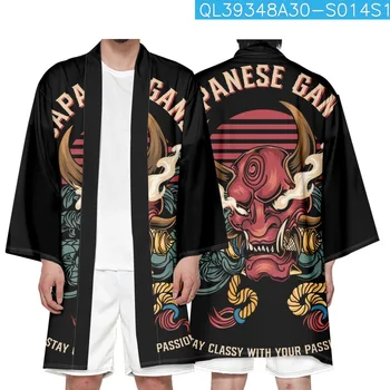 Мужское женское Пляжное длинное кимоно Хаори Юката Харадзюку Уличная одежда Японский кардиган с черным принтом самурая и демона