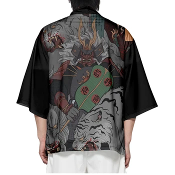 Модное черное кимоно с принтом Демона, летние Хаори Юката, мужские японские пляжные топы, кардиган Harajuku, уличная одежда