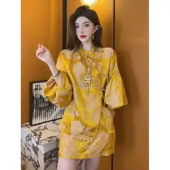 2023 женская летняя новая китайская мода в стиле ретро, атласная блузка со стоячим воротником, рубашка, короткая юбка, комплект чонсам из двух частей, s537