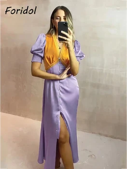 Оранжево-фиолетовое элегантное вечернее платье Миди, Атласный халат Vestido, летнее женское платье с пышными рукавами, винтажное шелковое платье на пуговицах в стиле пэчворк