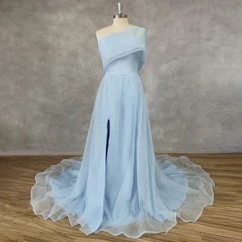 DIDEYTTAWL Реальные фотографии Голубое тюлевое платье для выпускного вечера с одним плечом, высокий разрез сбоку, трапециевидное вечернее платье в пол на молнии сзади