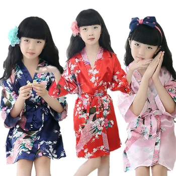 9 цветов Традиционное Японское Кимоно Одежда для Девочек Свадебные Пижамы Подружки Невесты с Павлином Детские Шелковые Азиатские Пижамы