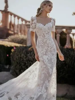 Классическое свадебное платье А-силуэта с кружевным V-образным вырезом и короткими рукавами, аппликацией на пуговицах сзади, Vestido De Novia со шлейфом