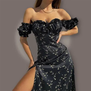 2023 Осенняя новая женская одежда, сексуальное платье с пышными рукавами и разрезом на талии, модное платье с цветочным рисунком, модное платье с открытыми плечами, модное платье с разрезом на талии