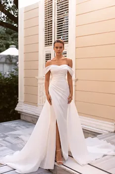 CloverBridal Осеннее Современное Свадебное Платье из Эластичного Атласа для Невесты 2022 года со Съемной Юбкой Из Органзы Длинное Белое Платье WW8340