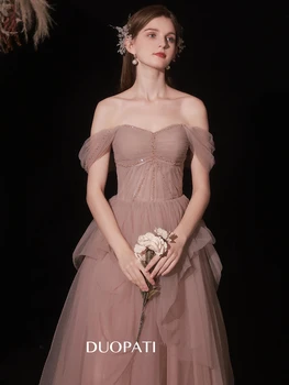 Элегантные платья для выпускного вечера Фиолетово-розового цвета с открытыми плечами, без бретелек, на шнуровке, с блестками, бисером, рюшами, для свадебных танцев, вечерние платья для вечеринок