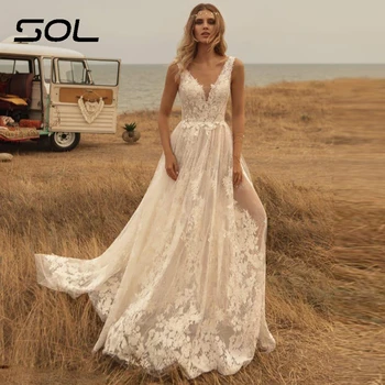 Элегантное пляжное свадебное платье Sol без рукавов для невесты в стиле бохо с V-образным вырезом, кружевные аппликации, цветочный узор, свадебное платье Vestido De Novia