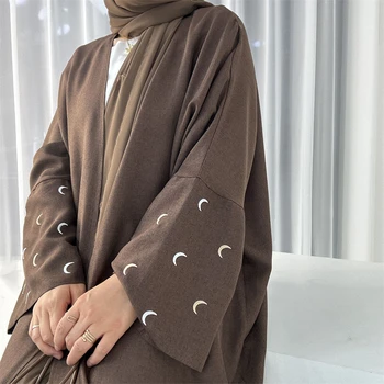 Вышивка Луна Кардиган для Женщин Дубай Турция Кафтан Мусульманское Кимоно Исламская Одежда Ид Рамадан Джалабия Открытое Платье Абая Халат