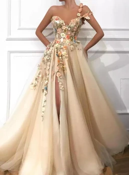 Вечерние платья с цветами шампанского, Длинные 2023, С высоким разрезом, женские вечерние платья для выпускного вечера на одно плечо