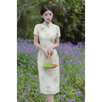 Китайское национальное льняное платье Чонсам с коротким рукавом Винтажное женское Ципао с цветочным принтом