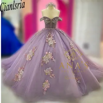 Сиреневый жемчуг, хрустальное бальное платье, пышные платья с открытыми плечами, кружевной корсет С аппликацией Sweet 16 Vestido De 15 Anos