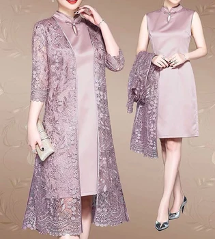 Фиолетово-розовые платья для матери невесты с жакетом, 2 предмета, половина рукава, Фиолетовый шелковый атлас до колен, платья для выпускного вечера для мамы