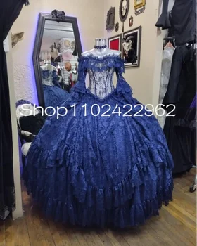 Королевское синее готическое платье в стиле Лолиты для выпускного вечера и дня рождения с длинным рукавом и открытыми плечами, кружевной корсет, вечернее платье для косплея на Хэллоуин