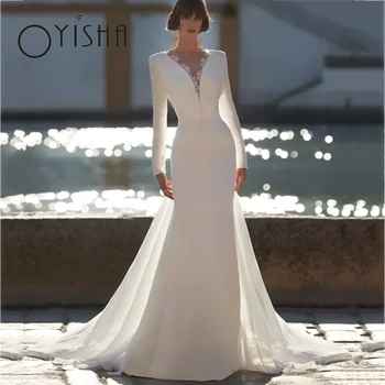 Классические свадебные платья OYISHA с длинным рукавом, глубокий V-образный вырез, свадебное платье с аппликацией, Очаровательное платье со съемным шлейфом без спинки, vestidos de noiva
