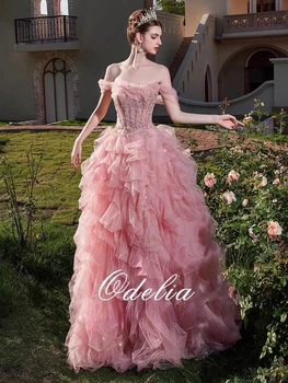 Розовые многоуровневые платья знаменитостей, роскошные женские платья ручной работы с открытыми плечами и вырезом лодочкой, тюлевые вечерние платья для невесты
