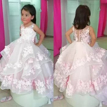 Прекрасные многослойные платья принцессы с цветочным узором и кружевным принтом для девочек на свадьбу, бал, платья для первого причастия, подарок на день рождения