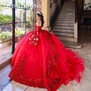 Мексиканское красное бальное платье в виде сердечка, пышное платье, платья для вечеринки по случаю дня рождения с блестками и рукавом Sweet 16 Robe De Bal