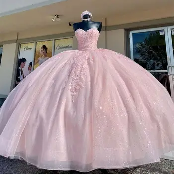 Блестящие розовые пышные платья, платье для вечеринки по случаю дня рождения, Vestidos De 15 Anos, корсет сзади, длина до пола