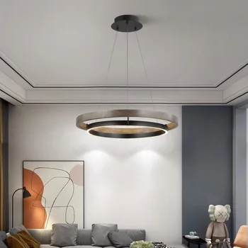 Современные простые подвесные светильники из нового китайского дерева с зернистостью гостиная столовая кабинет Кольцевая люстра светодиодная подвесная лампа