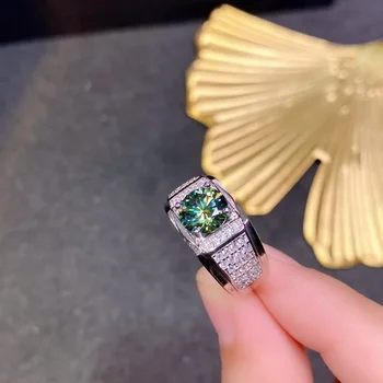 Обручальное кольцо с муассанитом зеленого цвета 2 карата, Мужское кольцо из стерлингового серебра 925 пробы, Обручальные кольца для мужчин с подарочным сертификатом GRA